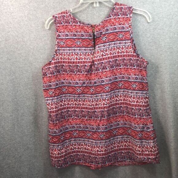 Vintage-Inspired Mileage Sleeveless Red & Blue Patterned Blouse With Keyhole Det - Picture 5 of 15